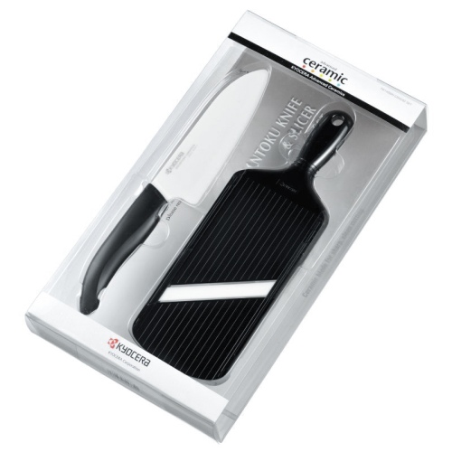 dFi2ocLQl90yRwMJCysSli6s05LfZBca2XdL5oXn Kyocera FK-140WH-BK+CSN-202-BK SANTOKU KNIFE & SLICER Rinkinys, peilis 14cm ašmenys+pjaustyklė Juoda - Image 1